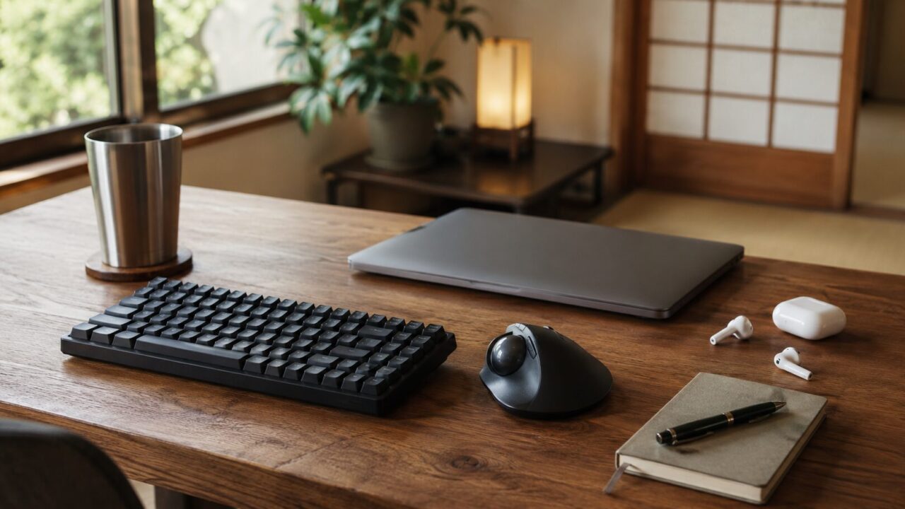 キーボードやトラックボールマウス、タンブラーなどの仕事道具が並ぶ木製デスク