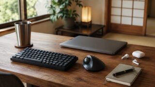 キーボードやトラックボールマウス、タンブラーなどの仕事道具が並ぶ木製デスク