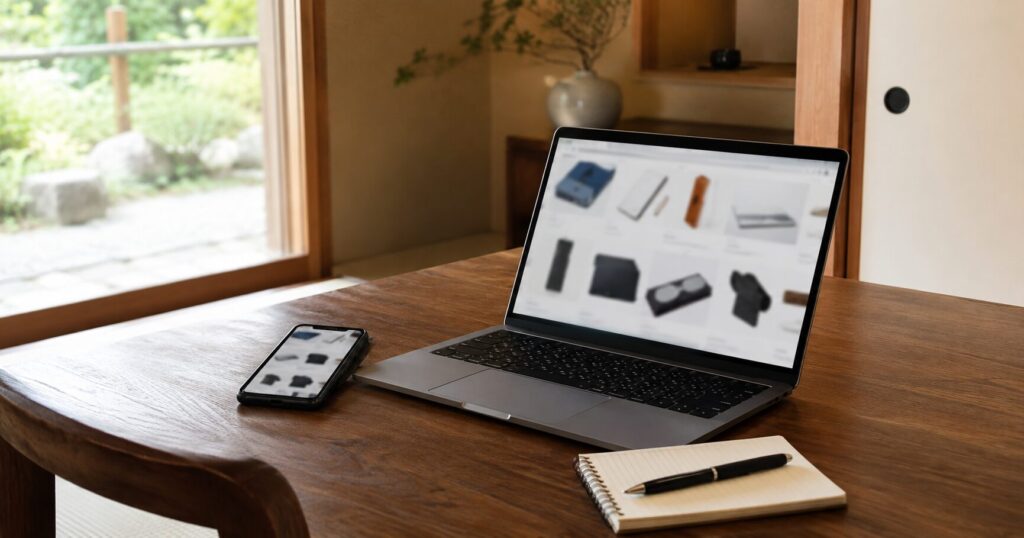 スマートフォンとノートパソコン、ノートを使って仕事道具を比較している様子