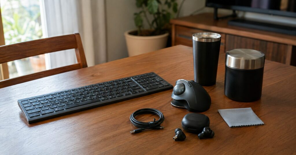 キーボード、トラックボールマウス、タンブラー、スープジャーなどの仕事道具が並ぶ様子