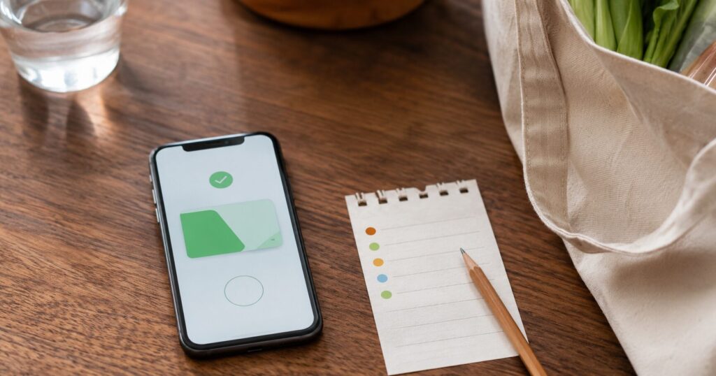 au PAYを日常の支払いに取り入れるイメージのスマホと買い物メモ