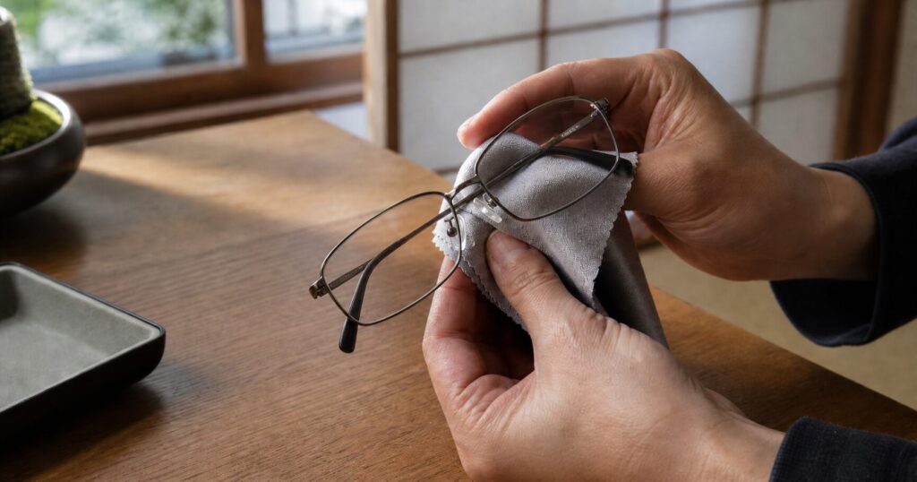 メガネの鼻あてとフレームをクロスで手入れしている様子