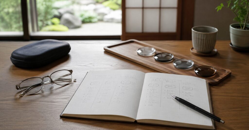 メガネとノートを使ってレンズオプションを比較している様子