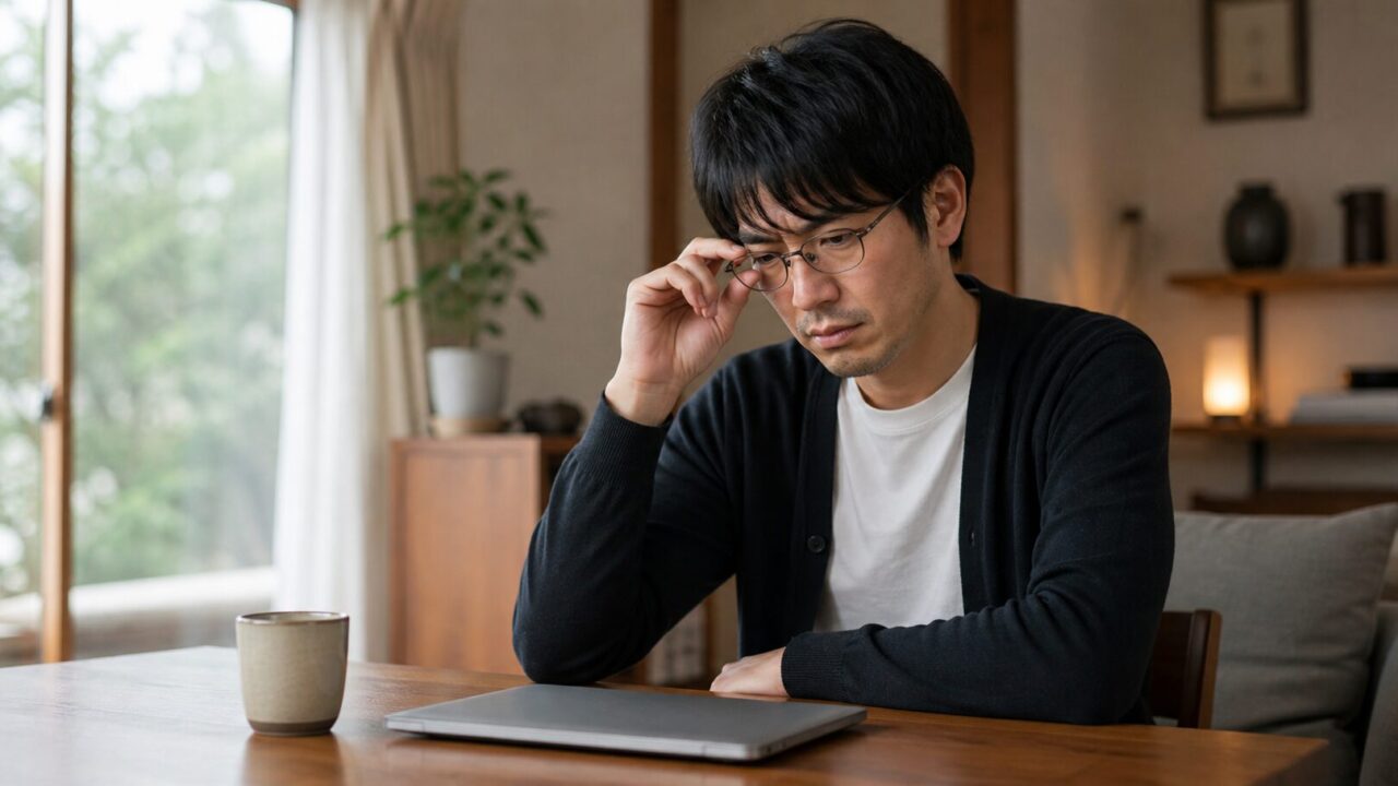 メガネがずれて困っている男性の様子