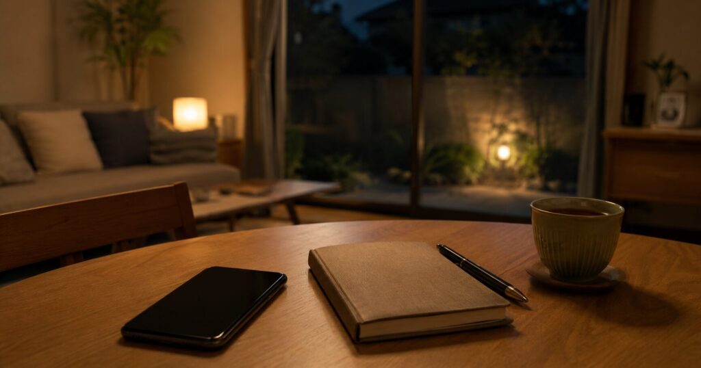 家計ノートとスマホでポイント管理を終えた落ち着いた暮らしのイメージ