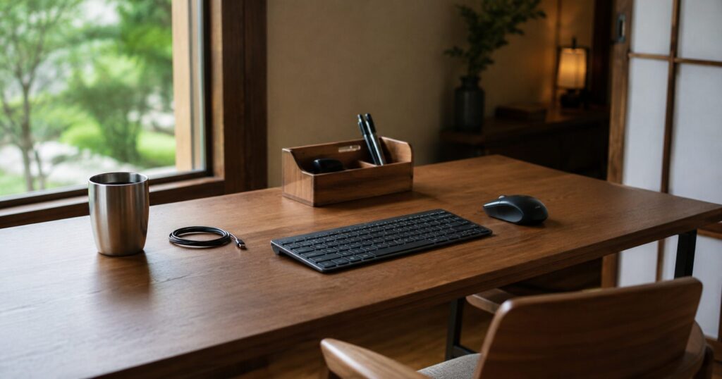 キーボードやタンブラー、小物収納が整然と置かれた木製デスク