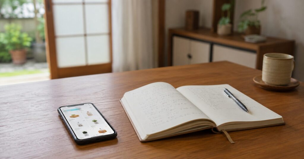 スマートフォンとノート、ペンを使って買い物を考えている様子