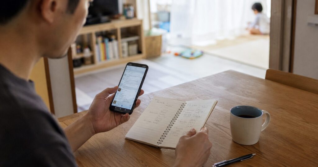 スマホとノートを見ながら格安SIMの選び方を考える様子