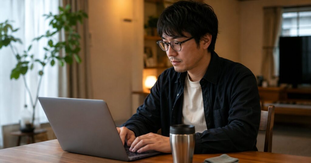 メガネをかけた30代男性が自宅の木製デスクでパソコン作業をしている様子