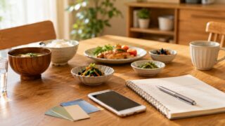 スマートフォンとPontaポイントをイメージした家計管理のテーブル風景
