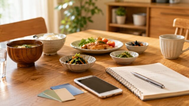 スマートフォンとPontaポイントをイメージした家計管理のテーブル風景