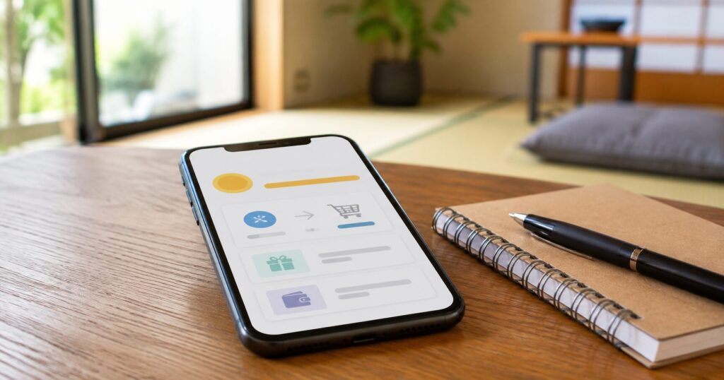 スマートフォンでポイント交換条件を確認している手元