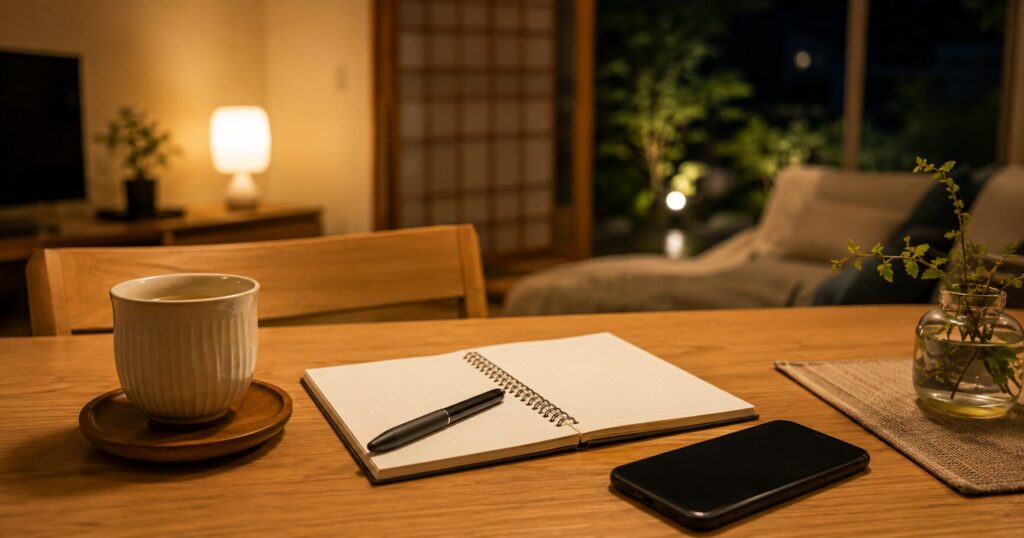 スマートフォンと家計ノートを見ながらポイント活用を考えるテーブル風景