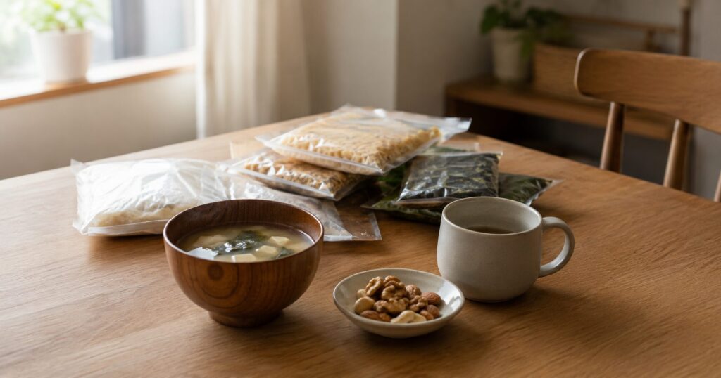 味噌汁とミックスナッツを木のテーブルに並べた食品ストックのイメージ