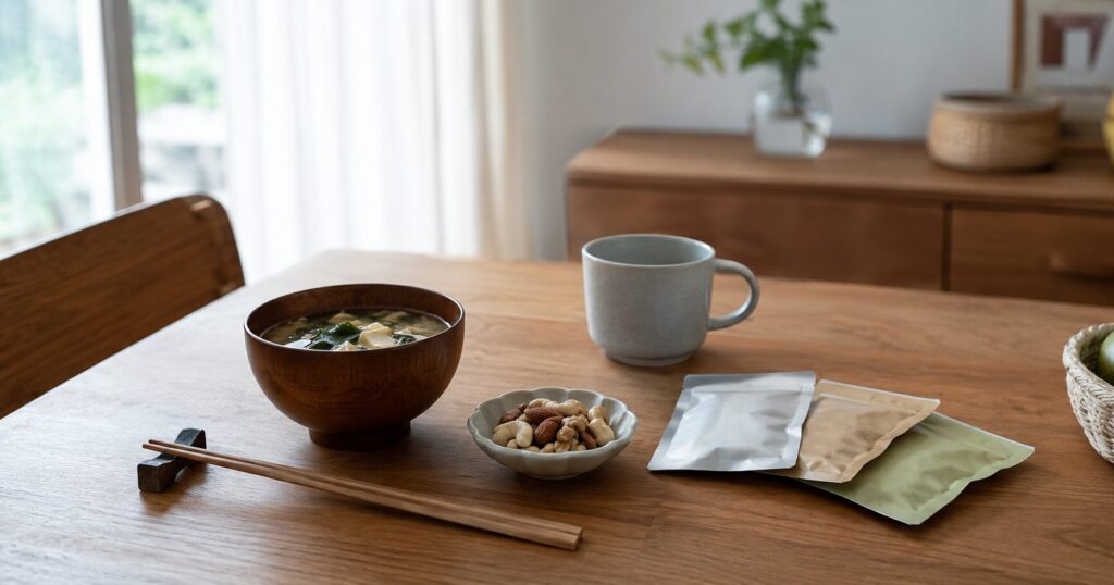 味噌汁とミックスナッツを木のテーブルに並べた昼食ストックのイメージ