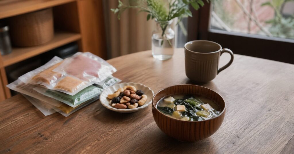 味噌汁とレーズン入りミックスナッツを木のテーブルに並べた食品ストックのイメージ