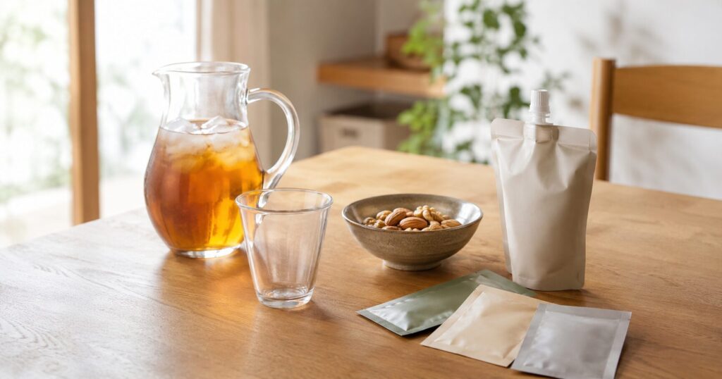 ハトムギ茶とミックスナッツ、プロテインを木のテーブルに並べた食品ストックのイメージ