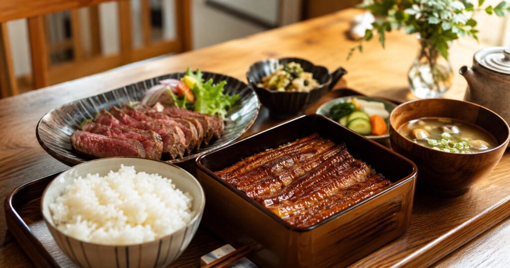 うなぎや牛肉など楽天ふるさと納税やギフト食品を食卓に並べたイメージ