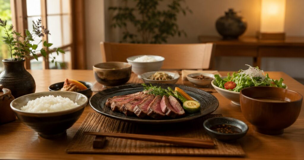 山形牛ステーキとご飯、副菜を並べたふるさと納税の食卓イメージ