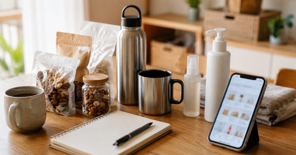 食品や水筒、スキンケア用品とスマートフォンを並べて楽天ROOMの購入品一覧をイメージした写真