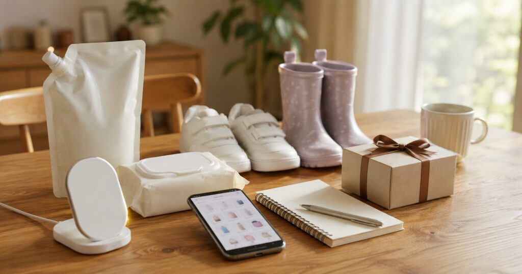 スマホや日用品、子ども用品とスマートフォンを並べて楽天ROOMの購入品一覧をイメージした写真