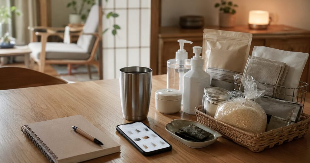 日用品や食品、スマートフォンを並べて楽天ROOMの愛用品一覧をイメージした写真