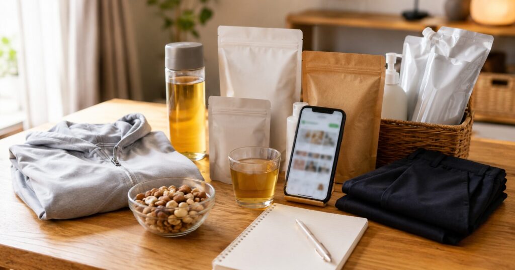 日用品や食品、スマートフォンを並べて楽天ROOMの購入品一覧をイメージした写真