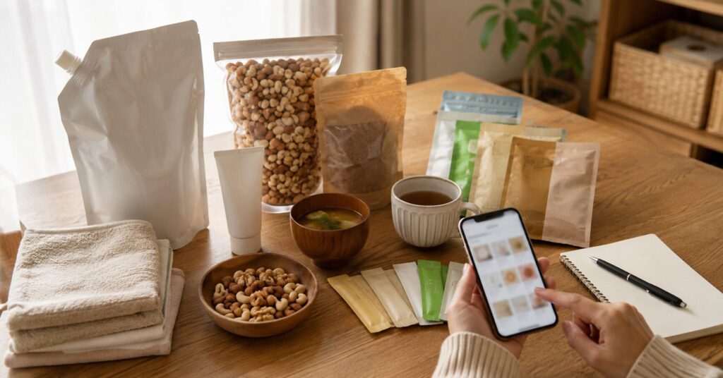 食品やお茶、日用品とスマートフォンを並べて楽天ROOMの購入品一覧をイメージした写真
