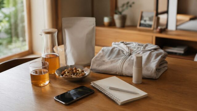 木のテーブルに楽天お買い物マラソンで購入した食品や日用品、季節アイテムを並べたイメージ
