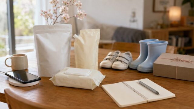 木のテーブルに楽天お買い物マラソンで購入したスマホや日用品、子ども用品を並べたイメージ