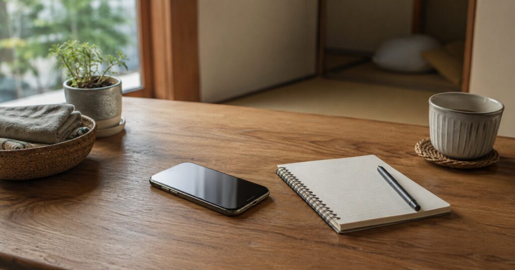 スマートフォンとノートを見ながら買うものを確認している様子