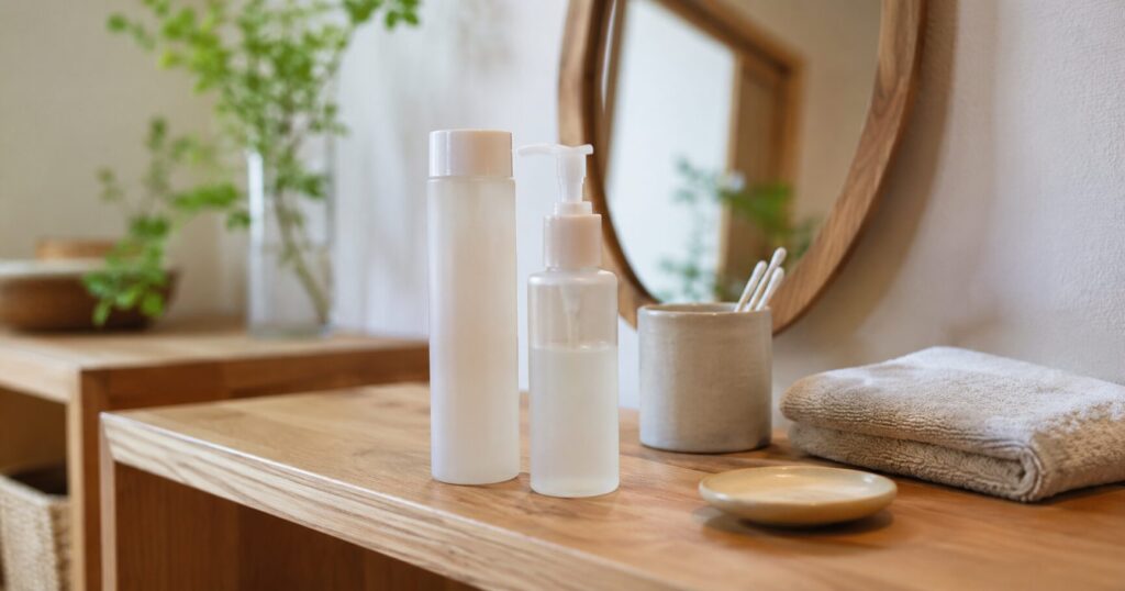 化粧水やローションなどのスキンケア用品を清潔な棚に並べた様子