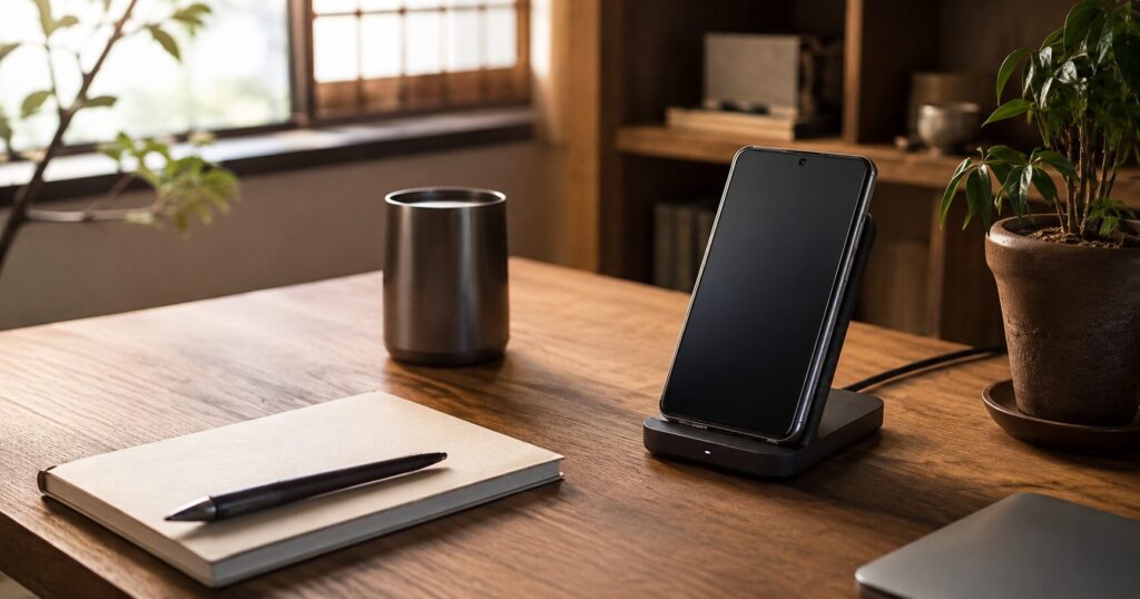 木のデスクにスマートフォンとワイヤレス充電器、ノートを並べた様子