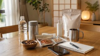 木のテーブルに楽天スーパーセールで購入した食品や水筒、スキンケア用品を並べたイメージ