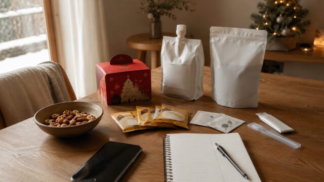 木のテーブルに楽天スーパーセールで購入した食品や日用品、クリスマスケーキを並べたイメージ