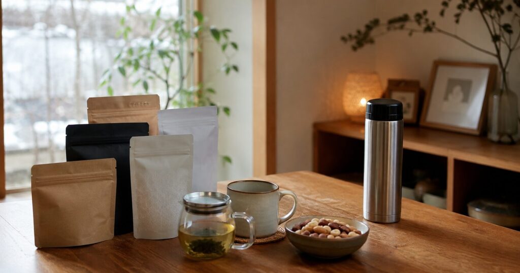 黒豆茶やルイボスティーなどのお茶ストックを木のテーブルに並べたイメージ