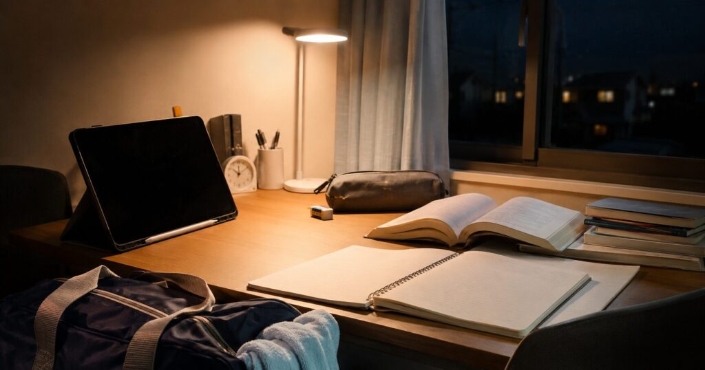 部活後に学習時間を作る中学生の机