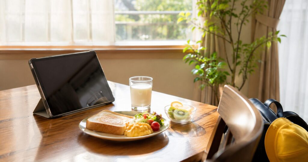 小学生の朝学習をイメージした食卓