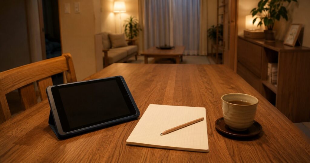 家庭のリビングでタブレット学習を続ける様子