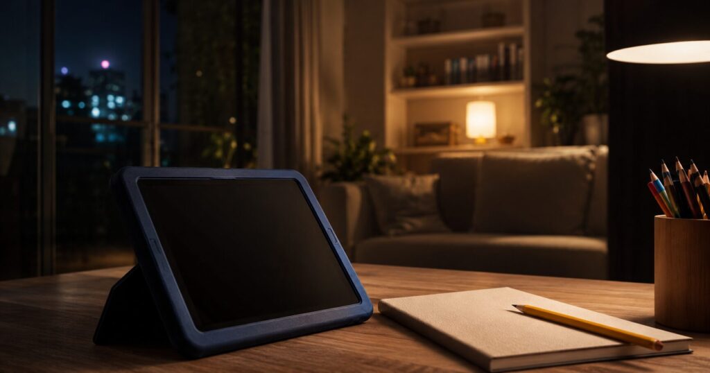 子どものタブレット学習とノートを見守る家庭のイメージ