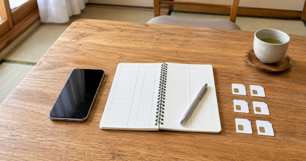 UQモバイルで通信費を見直すイメージのスマホと家計ノート