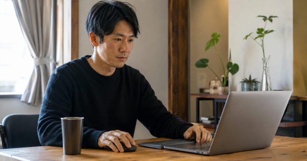 木製デスクでキーボードとマウスを使いながら作業する30代男性