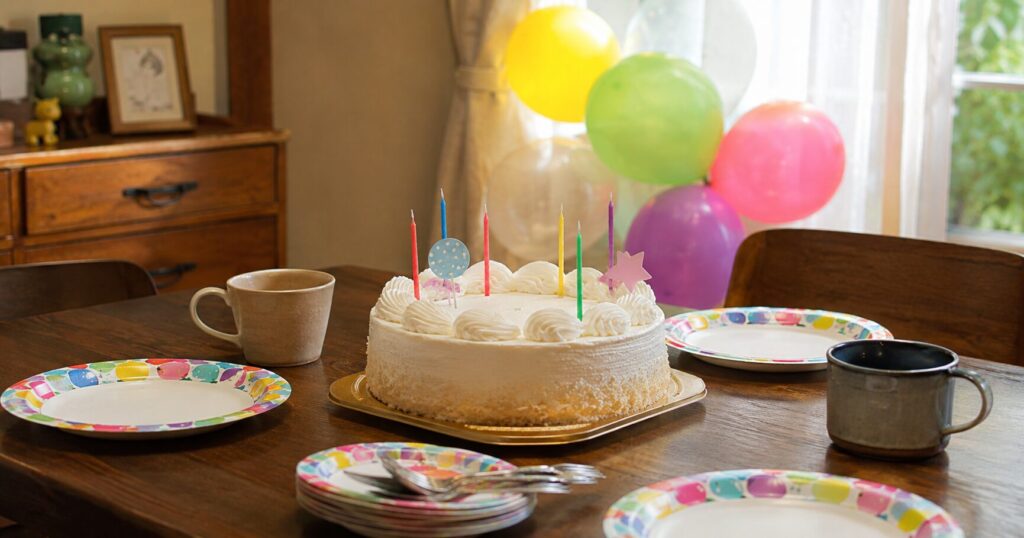 市販のケーキにろうそくや飾りを添えて誕生日らしく準備している様子
