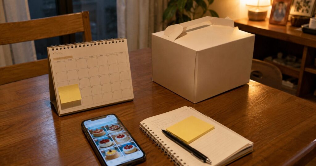 誕生日ケーキを前日や当日にどうするかスマホで確認している家庭のテーブル