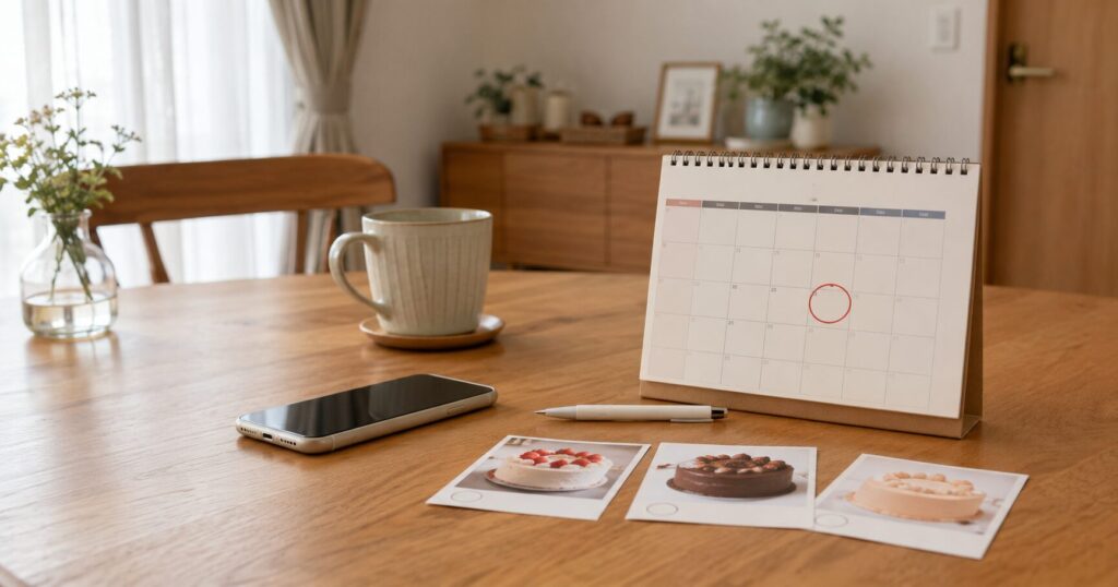 誕生日ケーキの直前注文でスマホとカレンダーを確認する様子