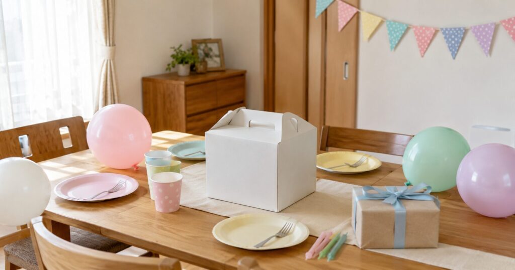 誕生日ケーキと飾り付けを準備した家庭のテーブル