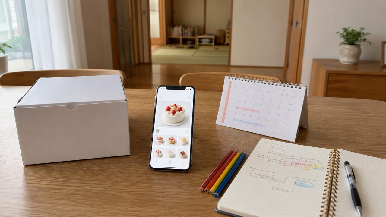 誕生日ケーキの予約時期を家族で考えるテーブル風景