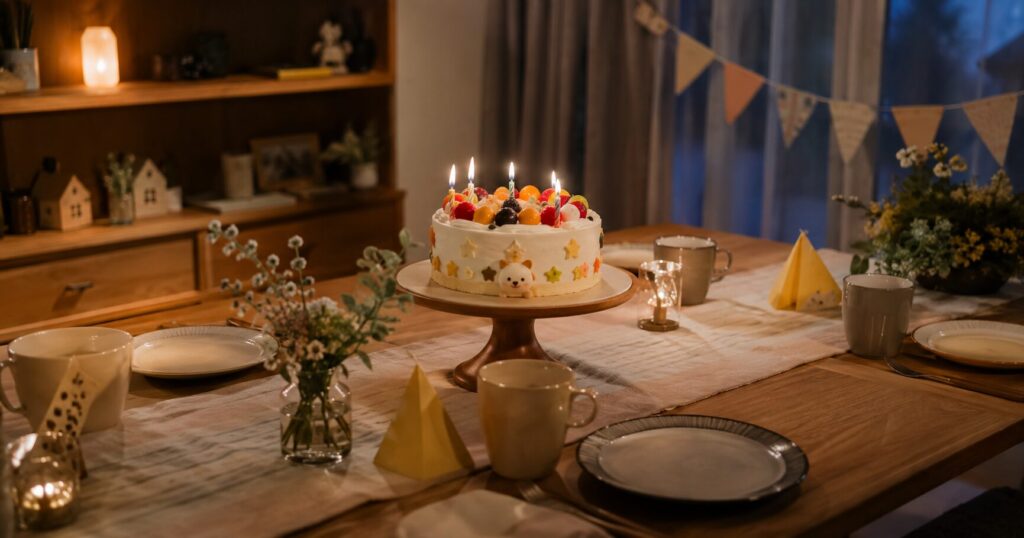 誕生日ケーキの準備が整った家庭の食卓