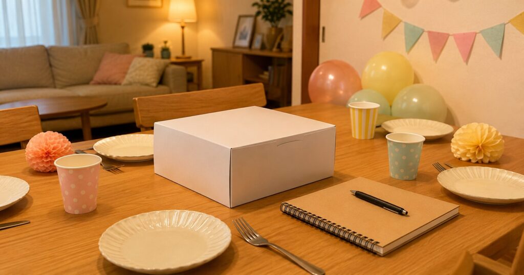 キャラクターケーキ通販の準備を終えて安心する日本の家庭の誕生日テーブル