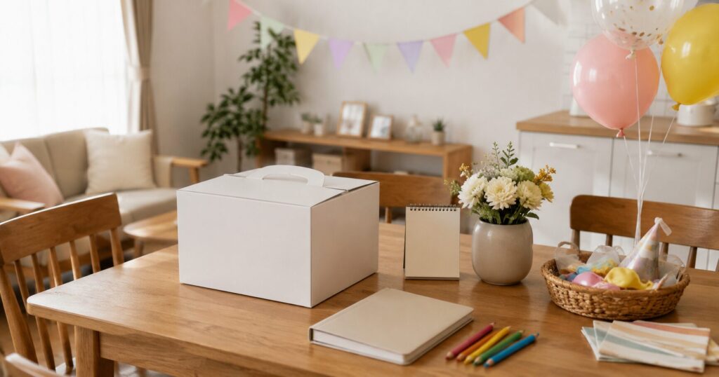 誕生日準備を終えて落ち着いた家庭のテーブルにケーキ箱とメモが置かれている様子